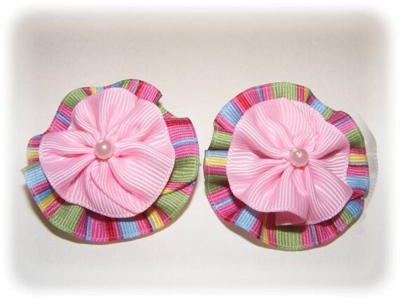 Set of 2 - Baby Pink and Multicolor Grosgrain Ribbons Alligator Clips
