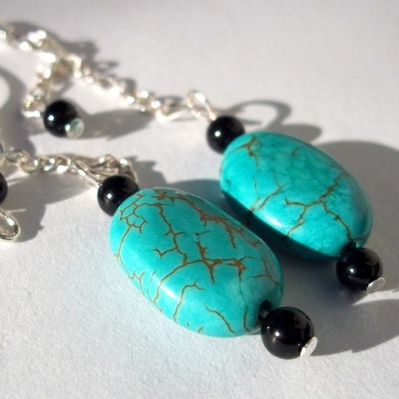 925 Sterling Silver Earrings - Onyx & Turquoise - Free Shipping