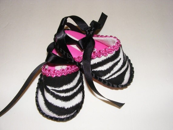 Zebra Animal Print  Infant Ribbon Sandals-Hot Pink, White  and Black - 0 to 3 Months