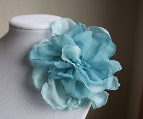 Turquoise and Aqua Hair Pin Clip Brooch Fabric Flower Rose
