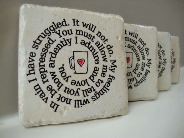 Coffee Cup Confessions Mr. Darcy's proposal to Elizabeth Set of 4 Italian Stone Coasters
