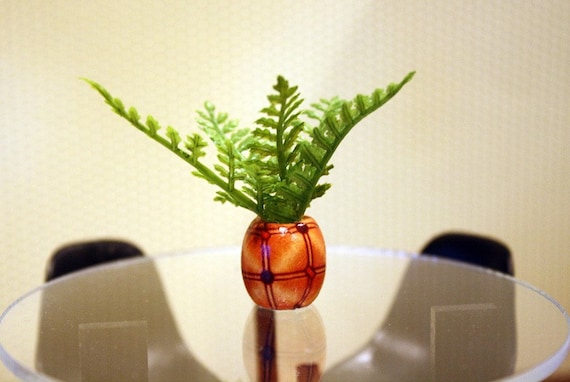 Dollhouse Miniature Potted Fern Plant with Wood Base in One Inch Scale, 1:12