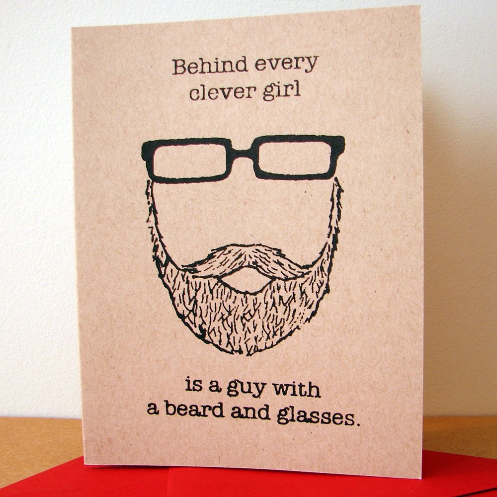 Behind Every Clever Girl is a Guy with a Beard and Glasses card (valentine red)