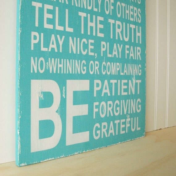 Aqua Family Rules Sign. Be Patient, Do Your Best, No Whining. Vintage Style Wood Sign.
