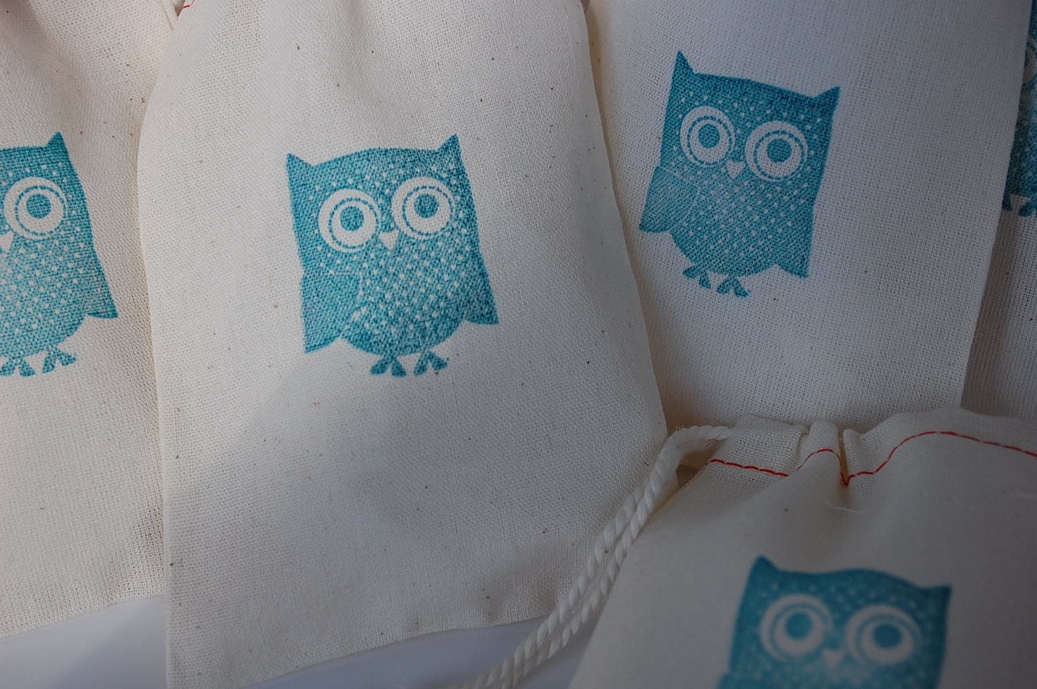 10 Teal Owl Cotton Muslin Drawstring Favor Gift Bags 4x6