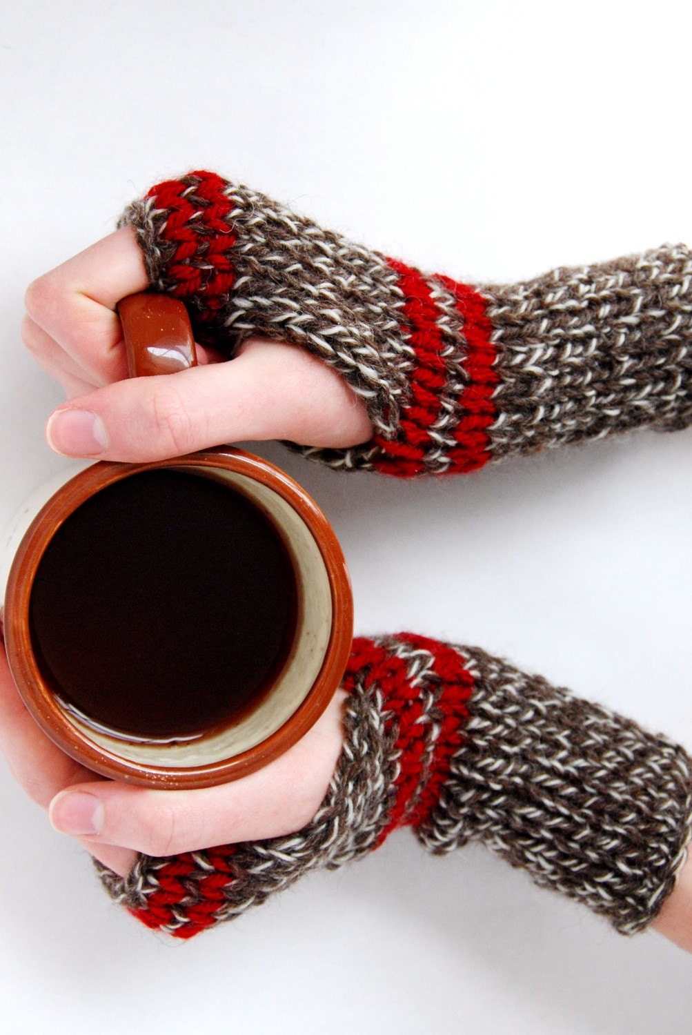 Stripe Wrist Warmers - Brown and Cranberry
