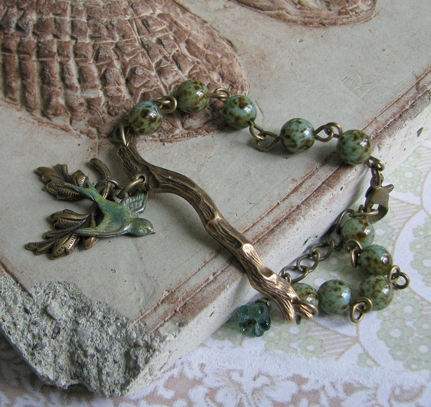 FREE SHIPPING - Bluebird Bracelet - Vintage and nature inspired, antiqued brass branch with verdigris bird, leaf and brown speckled aqua blue glass beads