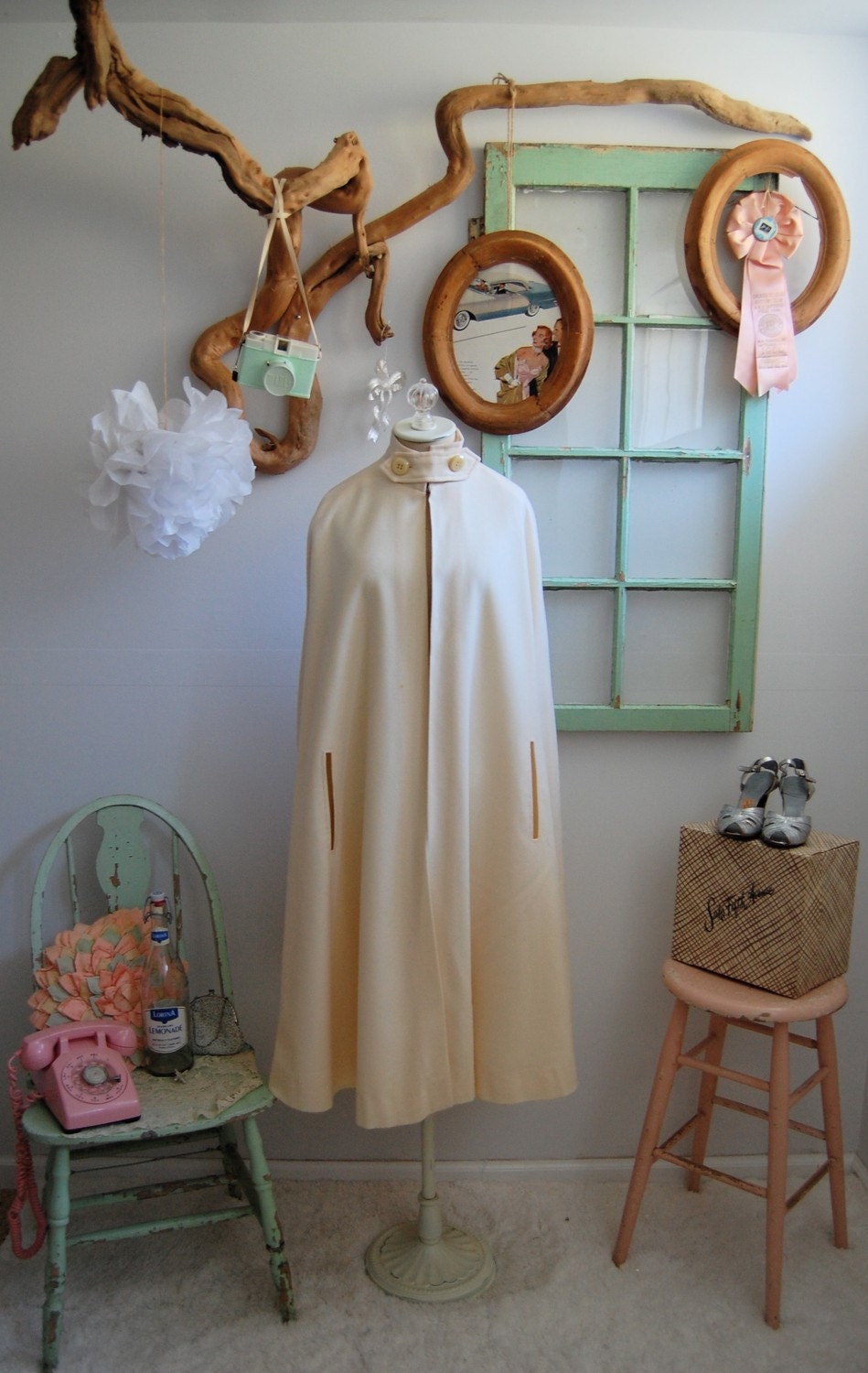The Sally- Vintage 1960s Mad Men Cream Wool Cape and Skirt Set