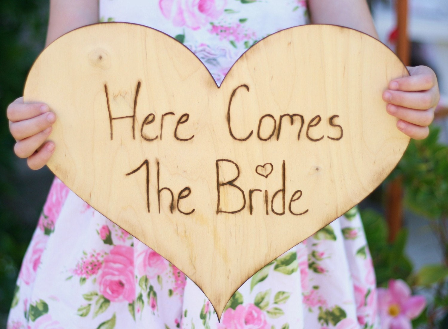 HUGE 12 inch Wood  Heart Here Comes The Bride Bouquet Wedding Sign For Flower Girl or Ring Bearer Rustic Engraved Woodland Outdoor Spring Summer Wedding Shabby Garden Vintage Chic