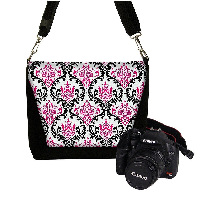 Deluxe DSLR Camera Lens Bag Case zipper pocket more padding - Madison Damask Pink