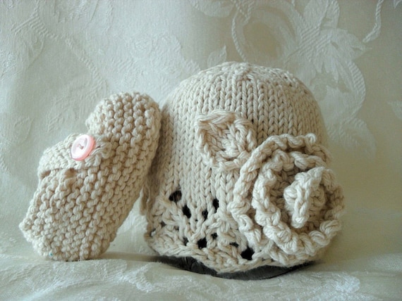 COTTON HAND KNITTED Ivory Lace Cloche with Matching Cross-Strapped Booties - Choose Your Style