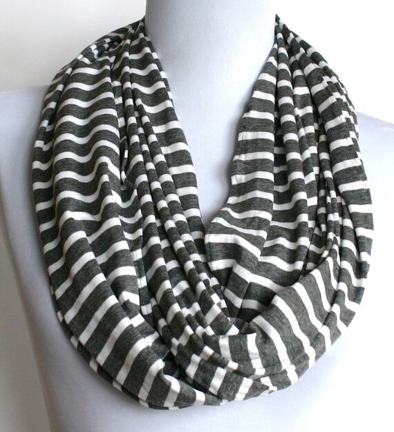 Infinity Scarf in Charcoal Gray and White Stretch Jersey