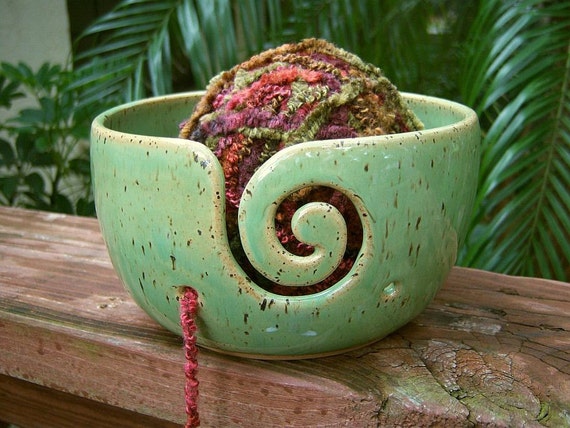 Spring Green Yarn Bowl - Spiral with 2 holes