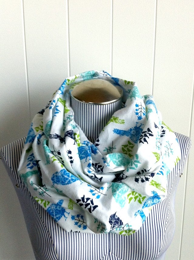 Tweety Birdies and Trees Print Infinity Scarf, Comfortable yet Fashionable Blues, Greens on White Cowl Scarf