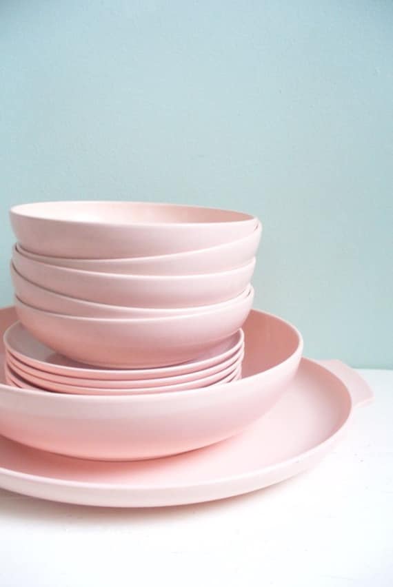 Vintage Lot of Pink Plastic Melmac Melamine Type Dishes Serving Platter Serving Bowl Six Saucer Plates and Five Bowls