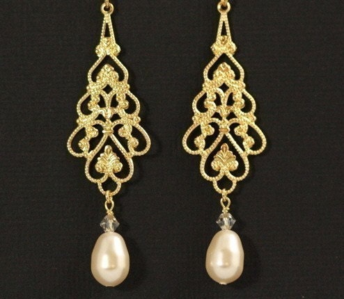 Wedding pearl gold earrings Gold Chandelier Wedding