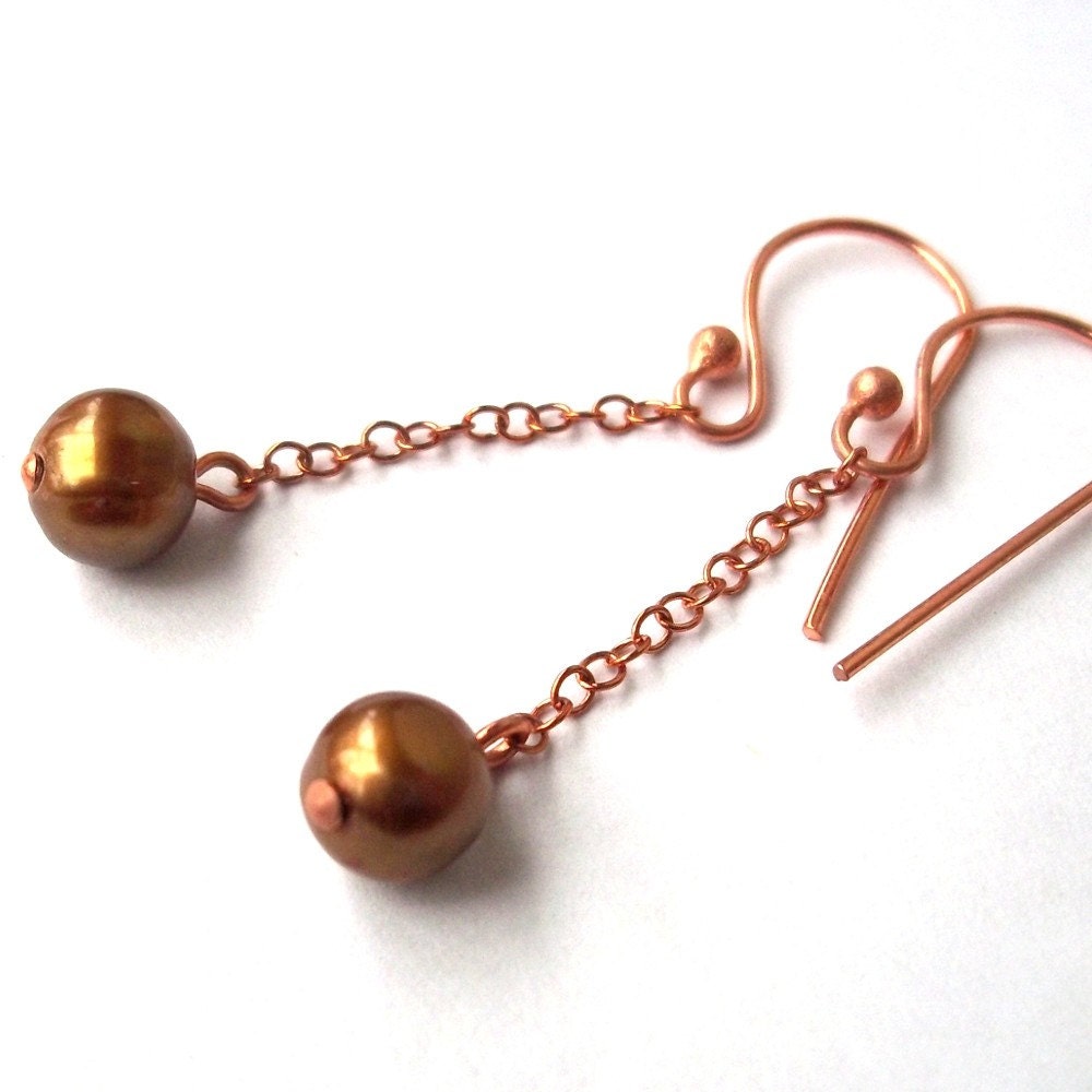 Copper Dangle Earrings - Fresh Water Gold Pearl
