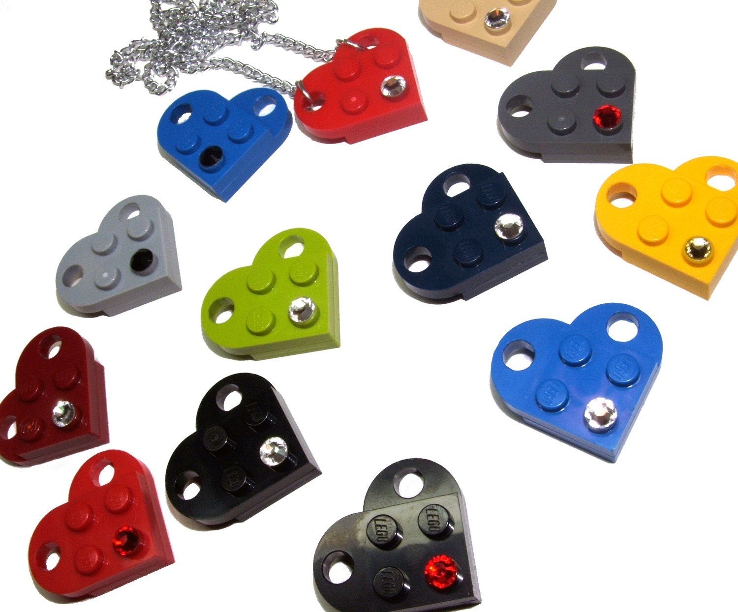 Heart made from Lego with Crystal on Silver-Tone Curb Chain, Swarovski Crystal Elements - You Choose Colors