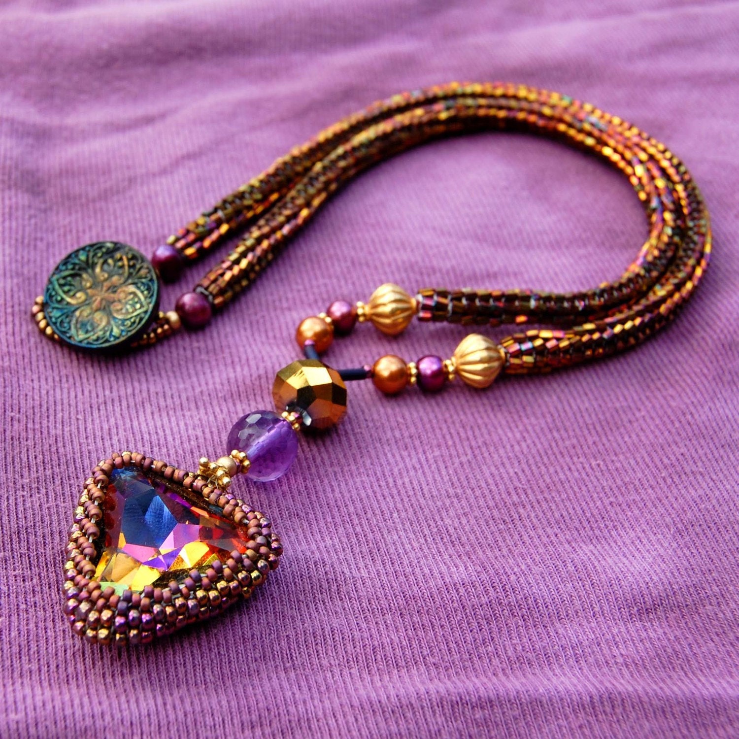 Beadwoven Necklace w/ Vintage Volcano Swarovski Crystal Stone (Volcanic Heart Center)