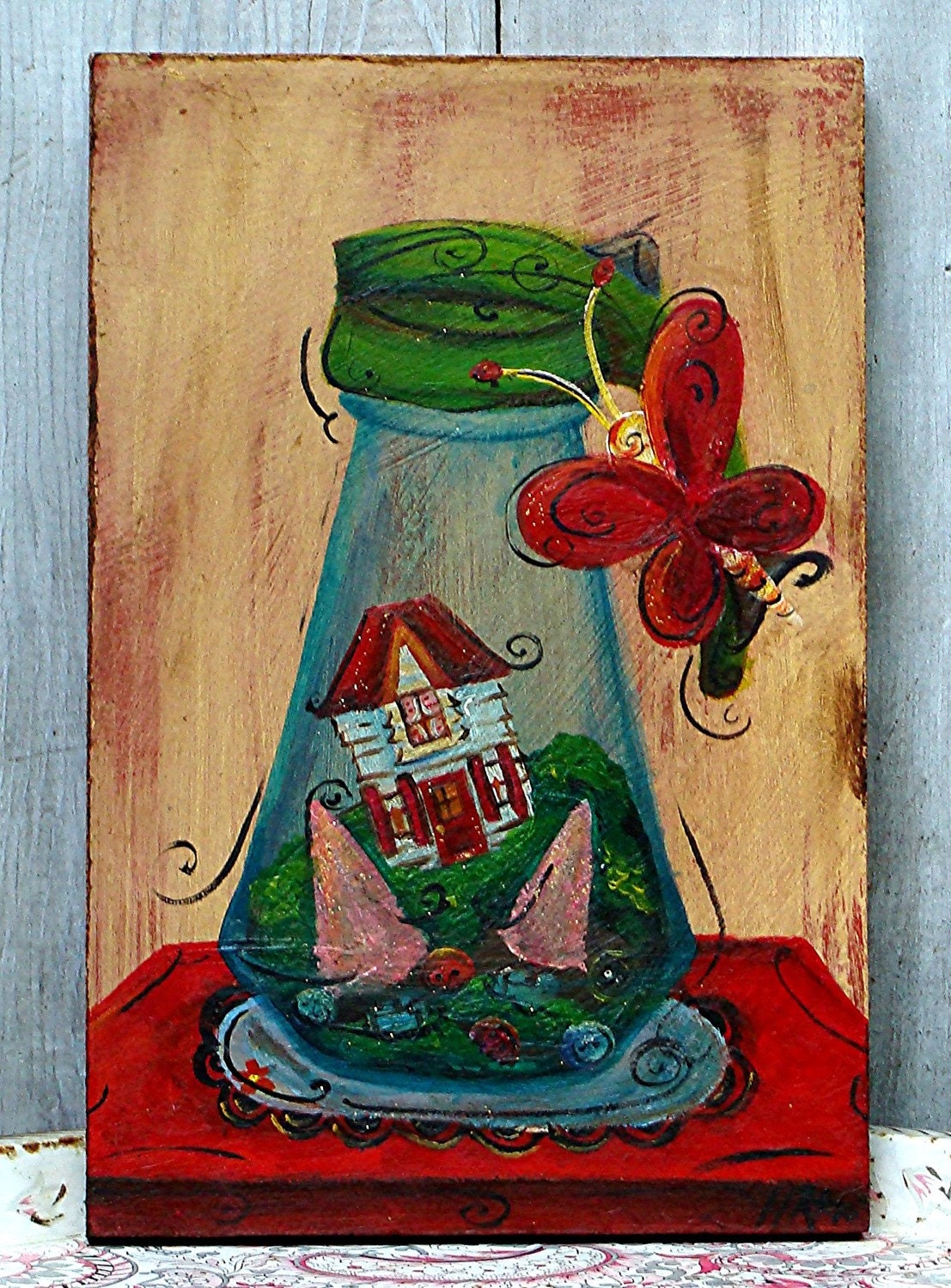 Original Folk-Art Painting - Vintage Syrup Pitcher Terrarium