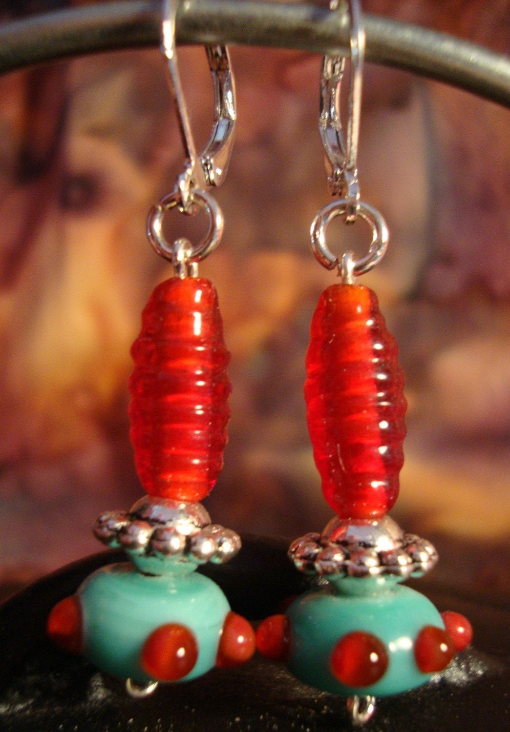 Turquoise and Red Lampwork Earrings