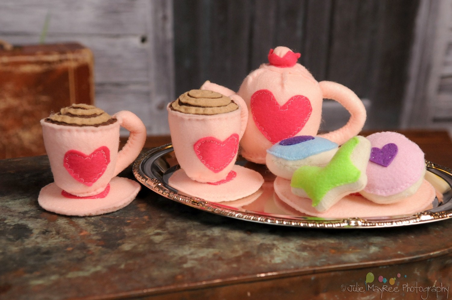 TEA SET - Eco Friendly Felt Play Food - Princess Tea Party Set on Silver Platter - Pink - Deliciously scented sugar cookies - Perfect for Valentine's Day