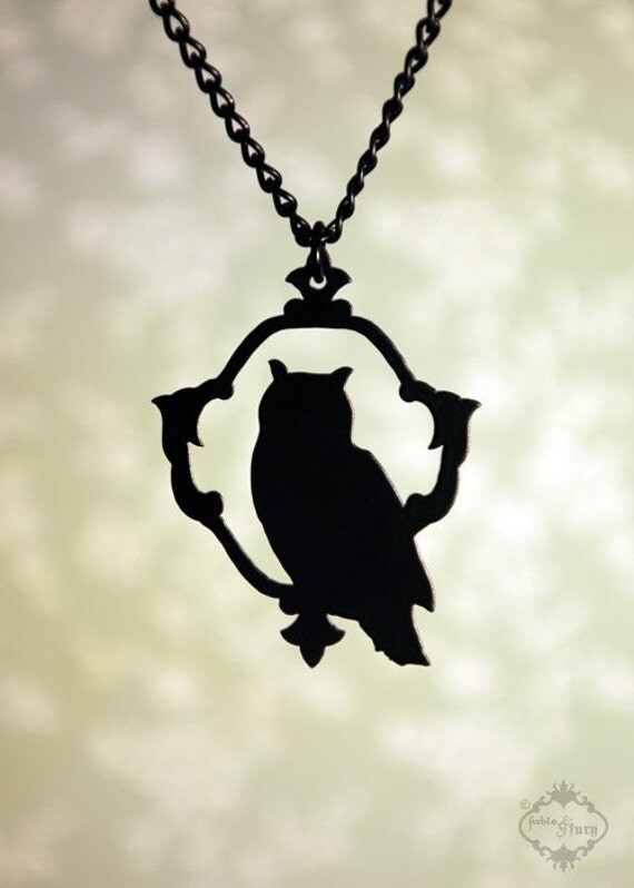 Woodland Owl silhouette necklace in black stainless steel