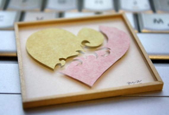 Miniature Shadowbox Paper Wall Art, "Heart" Yellow & Pink made for 1:12 Scale Dollhouses