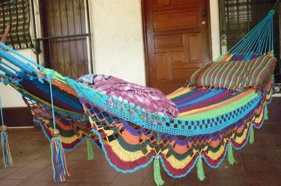 Hammocks, Beautiful Turquoise Double Hammock hand-woven Natural Cotton Special Fringe