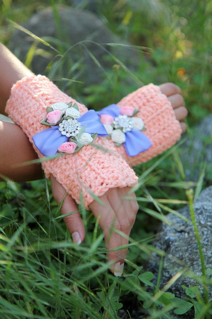 Whimsy Fingerless Gloves in Coral and Crystal by Mademoiselle Mermaid