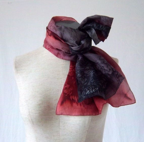 Handmade 1980s Drip Dyed Wine Purple Charcoal Gray Sheer Silk Scarf 62" Rectangle signed M. Lesley