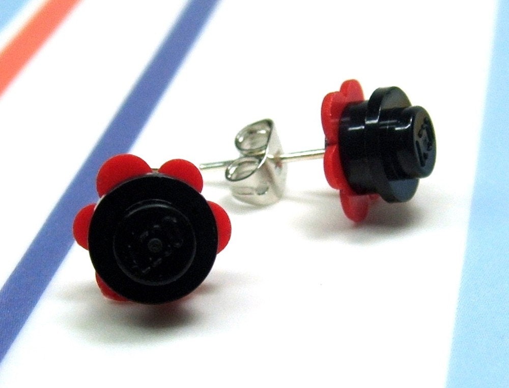 Crazy Daisy Lego Stud Earrings in Red and Black, Silver Tone Posts