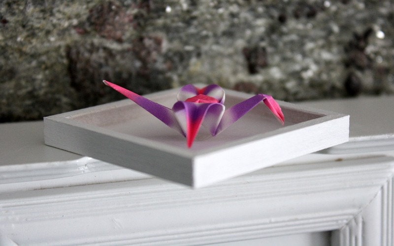 Miniature Origami Paper Wall Art, "The Crane" Shadowbox Framed in White 1:12 Scale Dollhouses