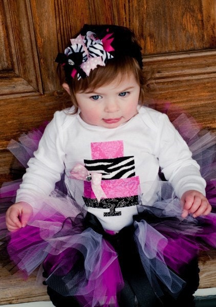 Zebra Print Rock Star Three Tiered Cake Sewn Tutu Outfit--Sewn Tutu, Appliqued Onesie or Shirt, and FREE Fancy Bow Headband Included--Size Newborn to 6--Perfect for Birthday Parties and as a Photo Prop