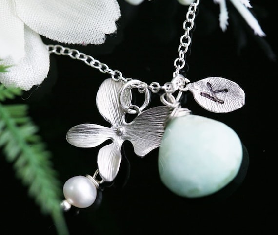 Original Design,1 leaf initials and 1 birthstone,silver orchid necklace,great bridesmaid gift or birthday gift