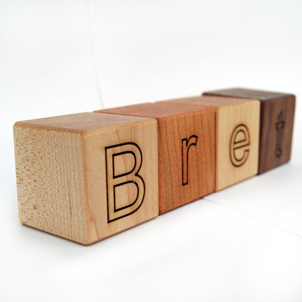 4 Personalized Alphabet Blocks - four piece natural colorful wooden Walnut, Cherry and Maple organic set