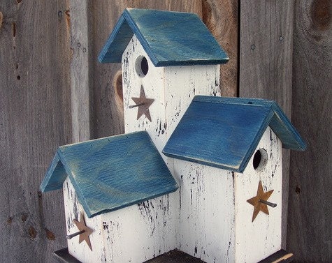 Condo Birdhouse Three Nesting Boxes Primitive Distressed Songbirds