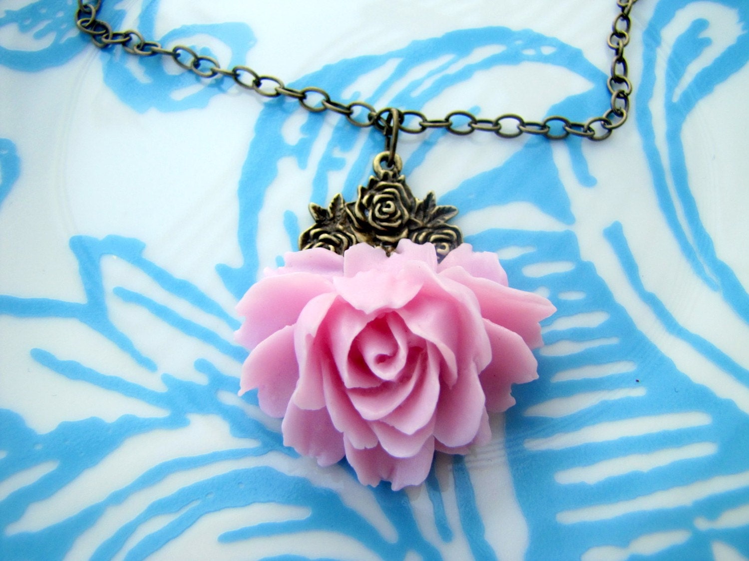 LAVENDER--vintage style flower cabochon necklace on antiqued chain