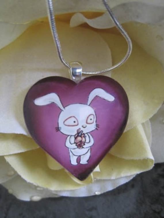 Bunny Love Glass Heart  Shaped Pendant