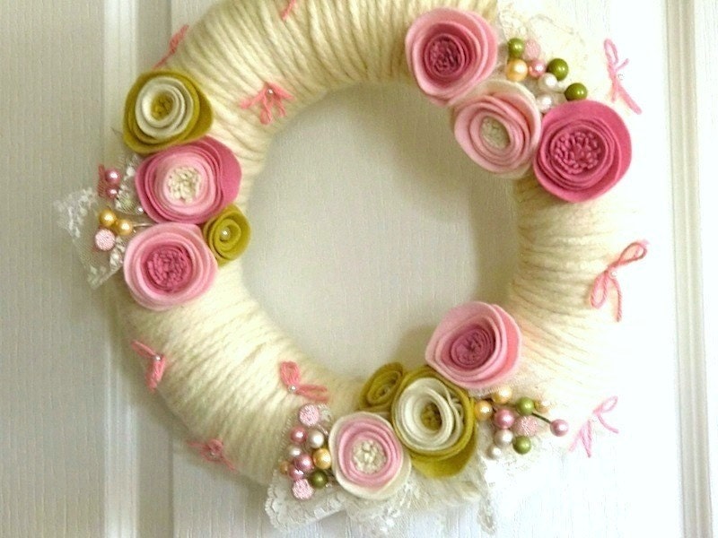 Sweetheart Pink Wreath - Roses Lace & Bows - Handmade Yarn and Felt
