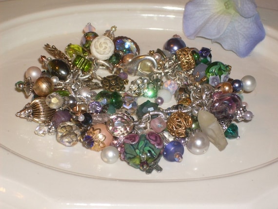 Whimsical recycled vintage findings with green purple pink beads charm bracelet Free shipping inUS