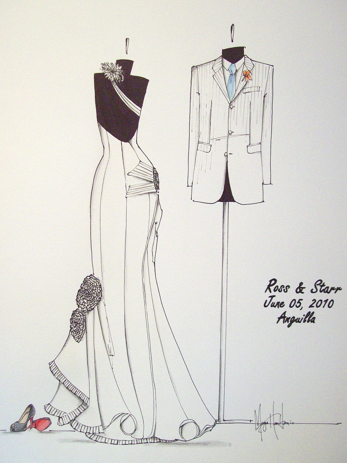 Custom Wedding Gown/Tuxedo Sketch with Small "Honeymoon" Tote