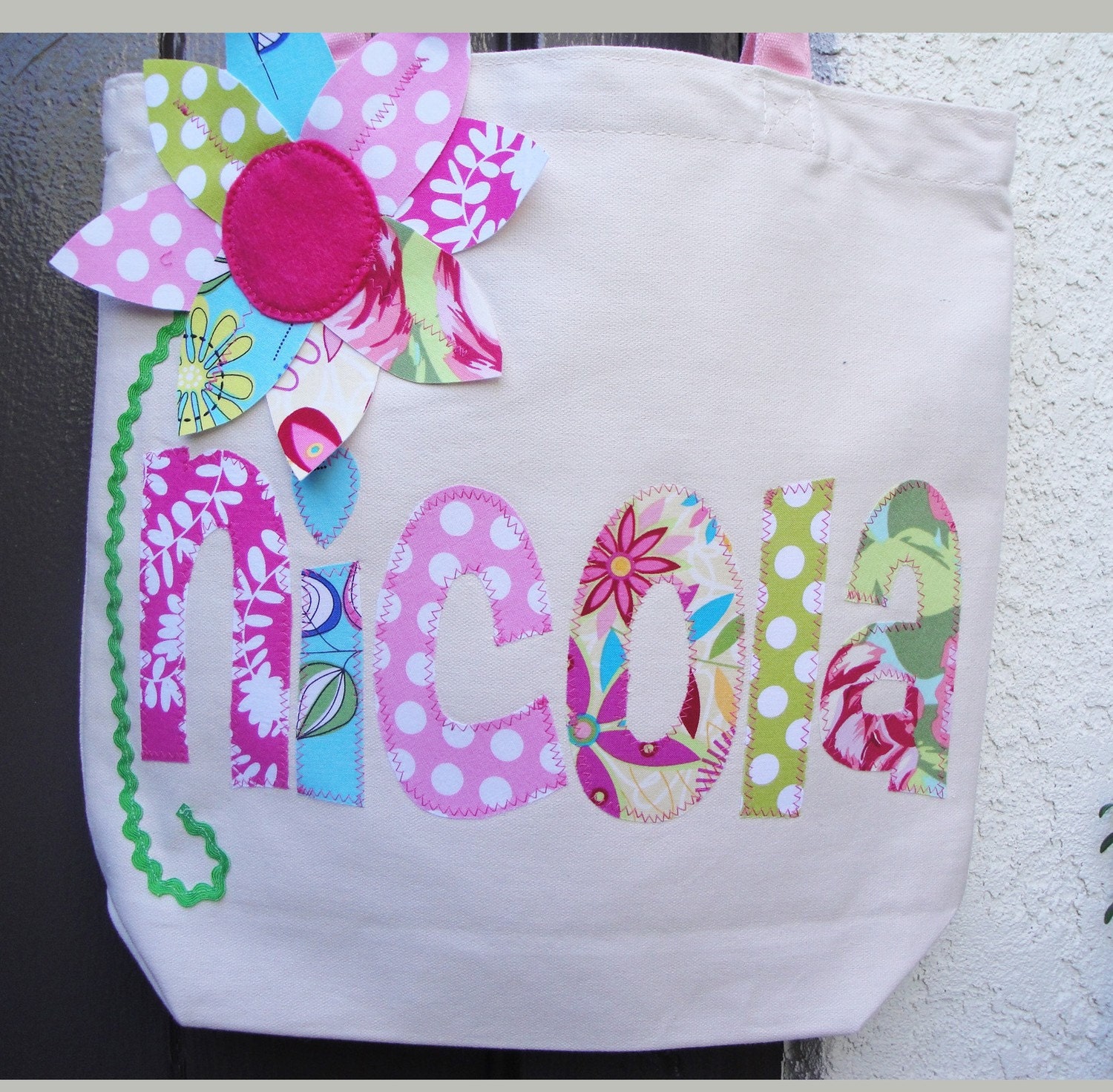 Personalized Big Flower Tote Bag           Custom Colors Available