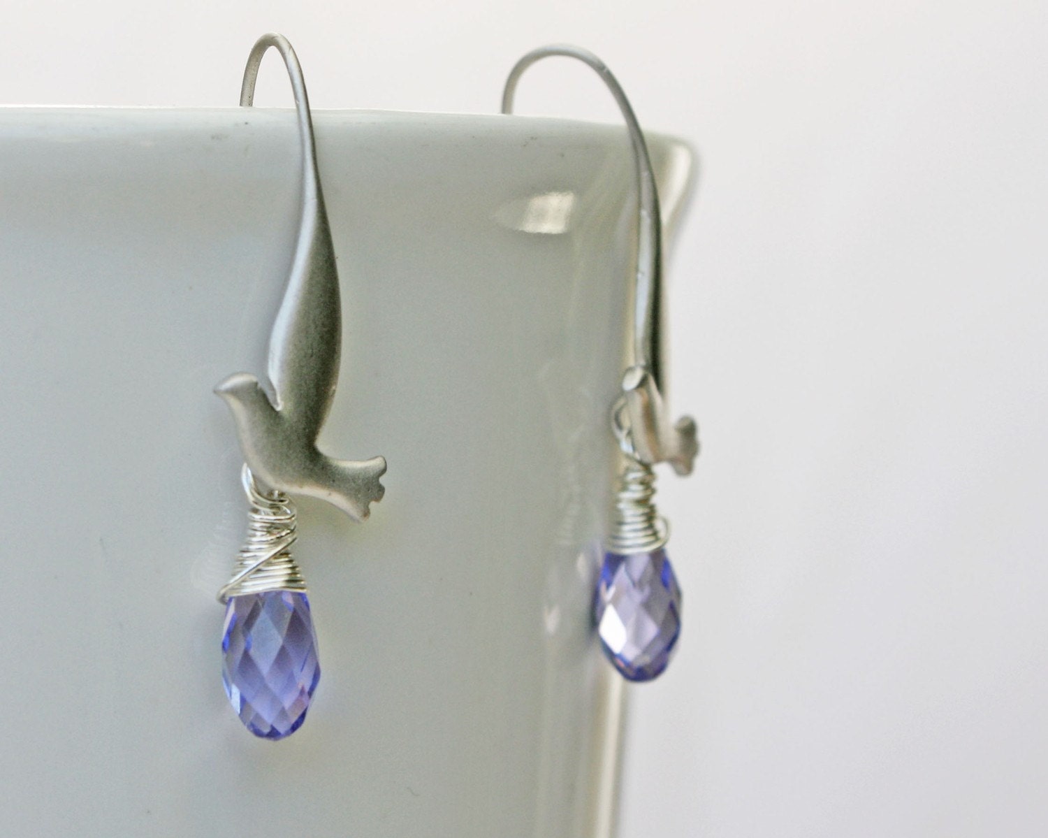 SALE Bird earrings with dove and lilac swarovski crystal briolette in silver. MOTHERS DAY