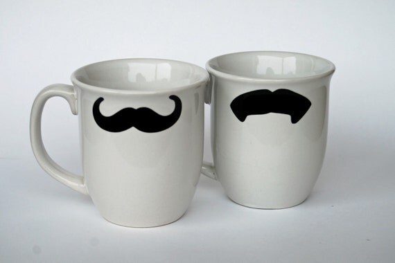 Mustache Coffee Mugs - WHITE - set of Two - select from five different styles