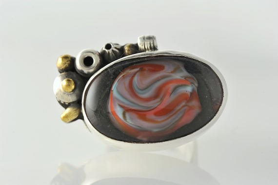 Coral White Baby Blue color Lampwork Silver Adjustable Ring