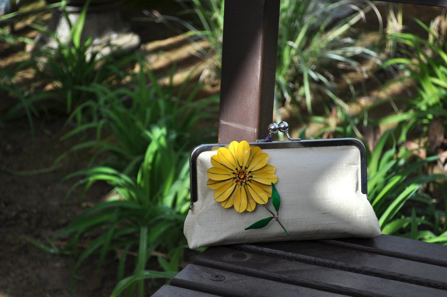 Clutch Silk Purse with Vintage Brooch - ivory, chocolate, yellow flower