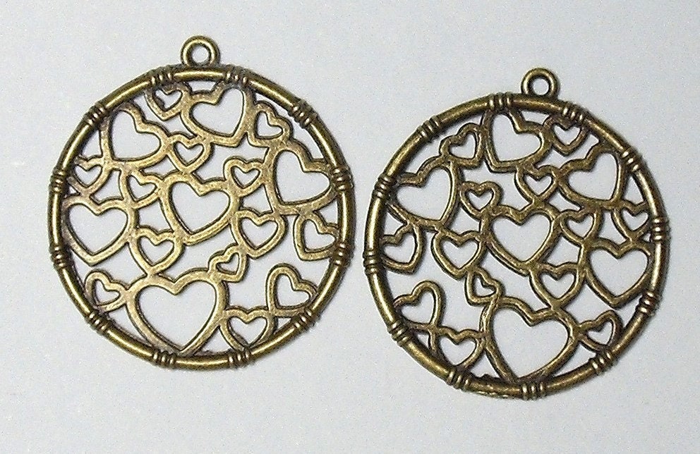2 Pcs Antique Bronze Love Hearts Charm Pendants