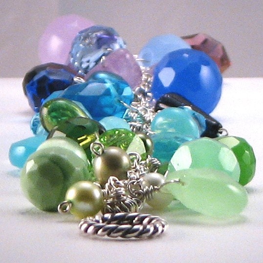 Razzle Dazzle, Swarovski Crystals, Freshwater Pearls, Sterling Silver Bracelet in Shades of Purple, Blue & Green