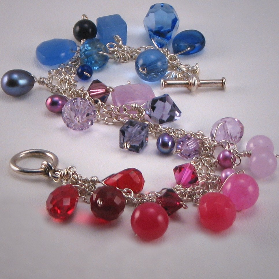 Color Burst, Swarovski Crystals, Freshwater Pearls, Calcite & Quartz, Sterling Silver Bracelet in a Rainbow of Reds, Pinks, Purples and Blues